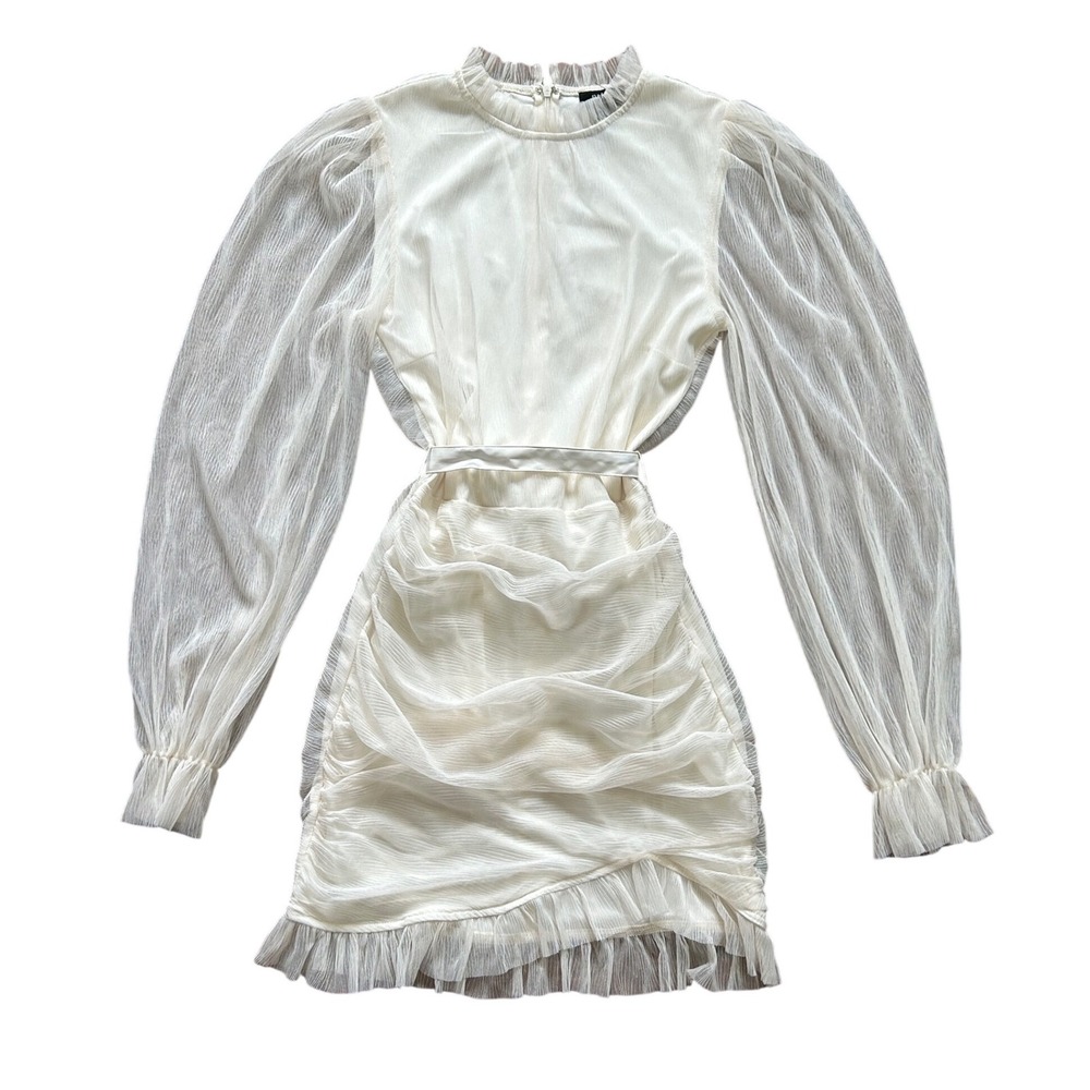 Ethereal Romance Ruched Mini Dress Womens Small Sheer Long Sleeves - Picture 2 of 12
